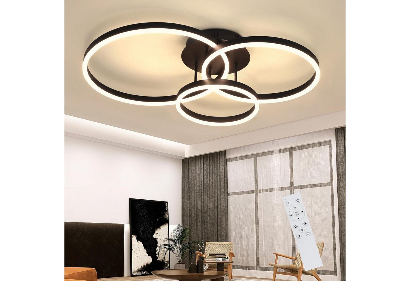 Nettlife LED Deckenleuchte Wohnzimmer Dimmbar Schwarz/Gold Modern 2/3/4/5 Ring Fernbedienung, 3000K-6500K, Warmweiß,Naturweiß, Kaltweiß, LED fest integriert, 81.5*54.5*15cm 74W für Wohnzimmer,Schlafzimmer,Küche,Esszimmer,Büro Bild 3