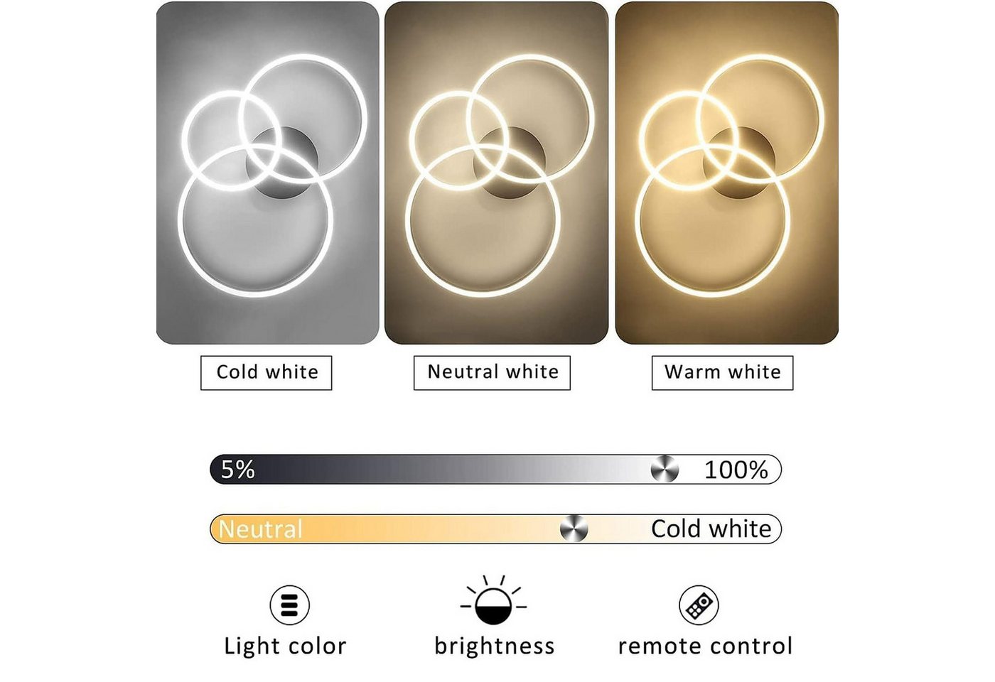 Nettlife LED Deckenleuchte Wohnzimmer Dimmbar Schwarz/Gold Modern 2/3/4/5 Ring Fernbedienung, 3000K-6500K, Warmweiß,Naturweiß, Kaltweiß, LED fest integriert, 81.5*54.5*15cm 74W für Wohnzimmer,Schlafzimmer,Küche,Esszimmer,Büro Bild 5