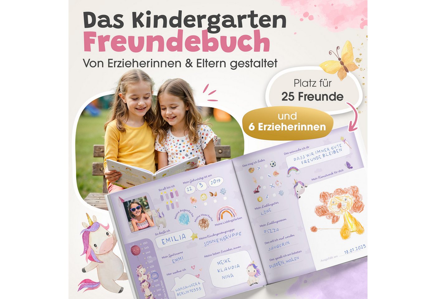 Eulentaler Freundebuch Kindergarten Einhorn für Mädchen, von Erzieherinnen gestaltet, handgemalte Einhörner, Goldprägung