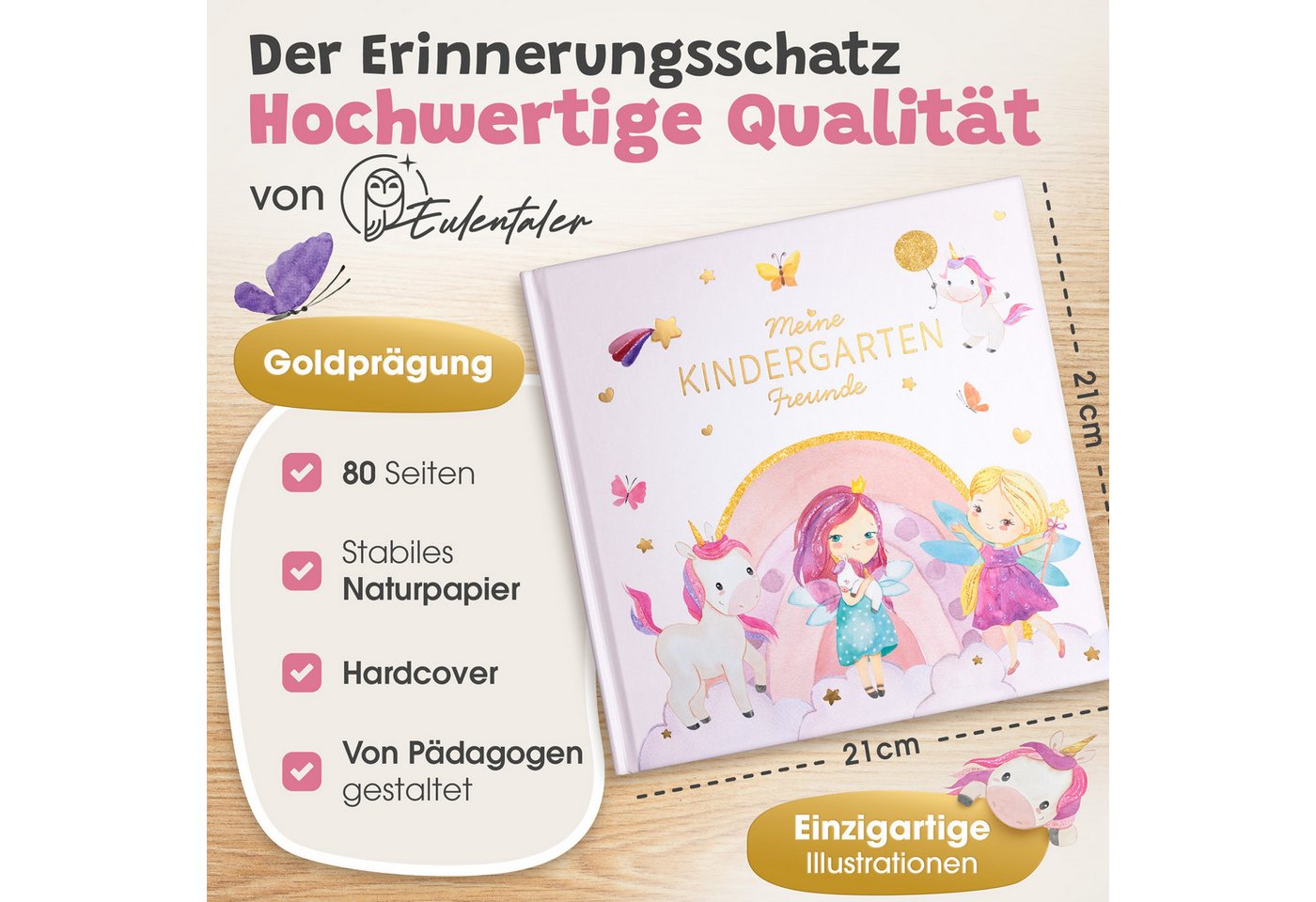 Eulentaler Freundebuch Kindergarten Einhorn für Mädchen, von Erzieherinnen gestaltet, handgemalte Einhörner, Goldprägung Bild 2