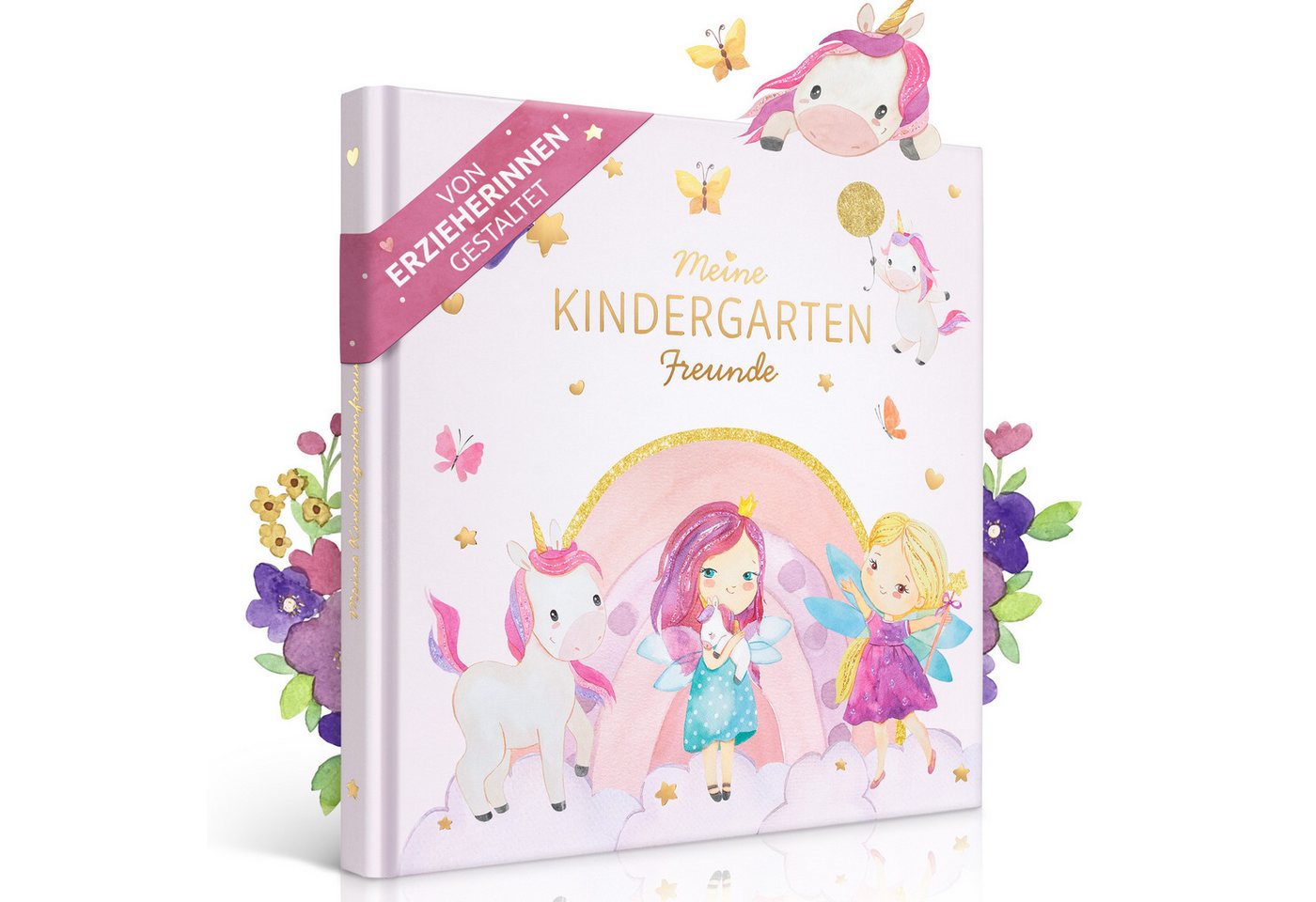 Eulentaler Freundebuch Kindergarten Einhorn für Mädchen, von Erzieherinnen gestaltet, handgemalte Einhörner, Goldprägung Bild 3
