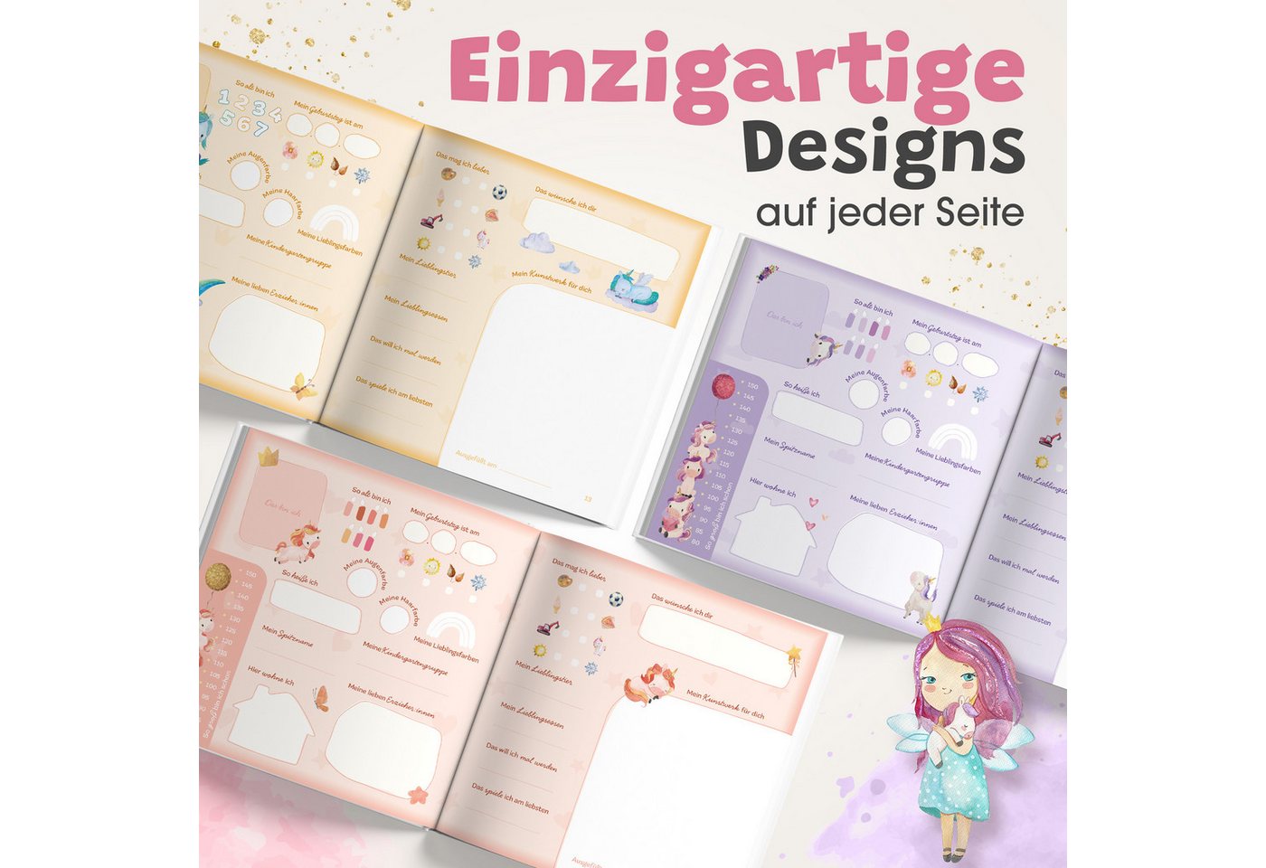 Eulentaler Freundebuch Kindergarten Einhorn für Mädchen, von Erzieherinnen gestaltet, handgemalte Einhörner, Goldprägung Bild 4