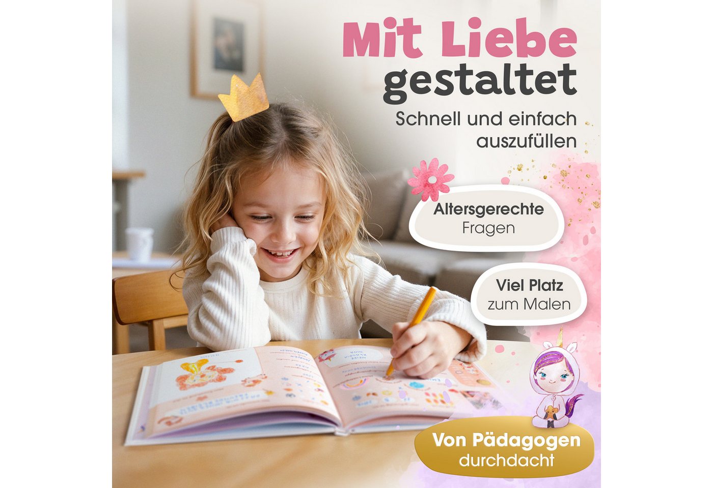 Eulentaler Freundebuch Kindergarten Einhorn für Mädchen, von Erzieherinnen gestaltet, handgemalte Einhörner, Goldprägung Bild 5