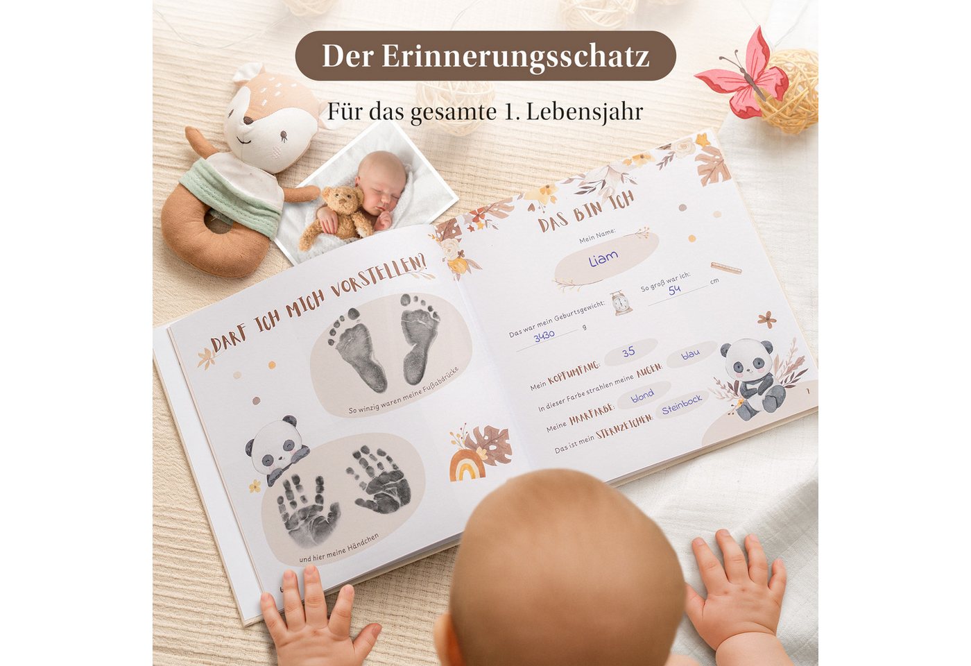 Eulentaler Tagebuch Babyalbum Mein erstes Jahr Boho, Leinen mit Goldprägung, handgemalt, 92 Seiten, Stammbaum & Zahndiagramm, Geschenk zur Geburt