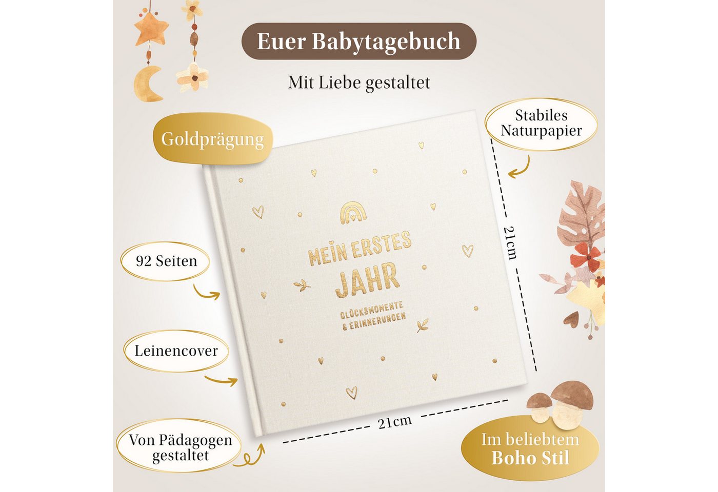 Eulentaler Tagebuch Babyalbum Mein erstes Jahr Boho, Leinen mit Goldprägung, handgemalt, 92 Seiten, Stammbaum & Zahndiagramm, Geschenk zur Geburt Bild 2