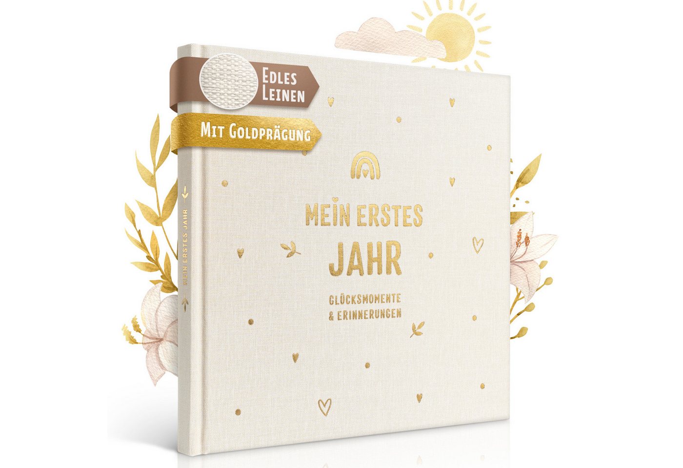 Eulentaler Tagebuch Babyalbum Mein erstes Jahr Boho, Leinen mit Goldprägung, handgemalt, 92 Seiten, Stammbaum & Zahndiagramm, Geschenk zur Geburt Bild 3