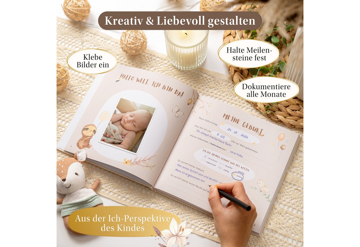 Eulentaler Tagebuch Babyalbum Mein erstes Jahr Boho, Leinen mit Goldprägung, handgemalt, 92 Seiten, Stammbaum & Zahndiagramm, Geschenk zur Geburt Bild 4