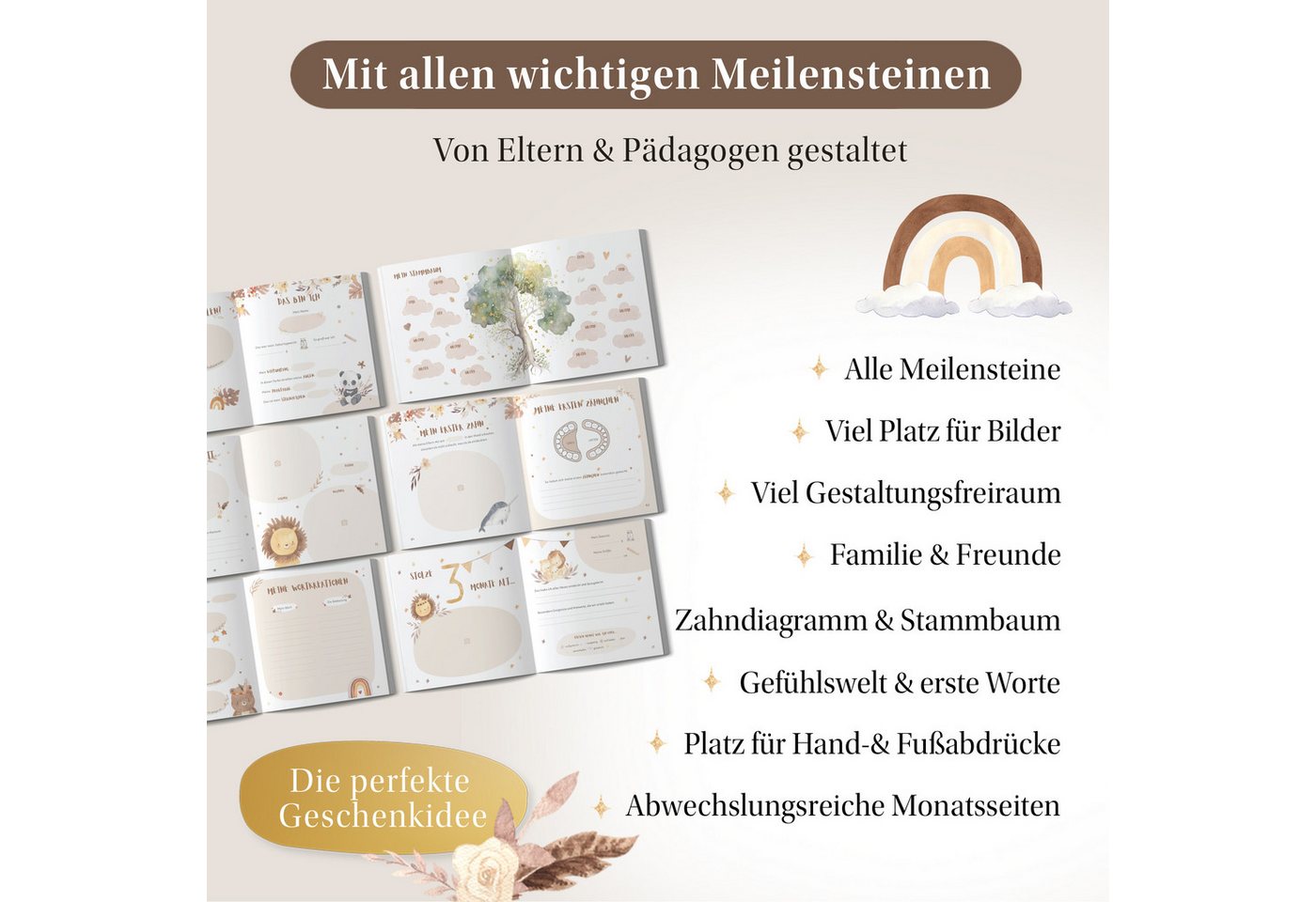 Eulentaler Tagebuch Babyalbum Mein erstes Jahr Boho, Leinen mit Goldprägung, handgemalt, 92 Seiten, Stammbaum & Zahndiagramm, Geschenk zur Geburt Bild 5
