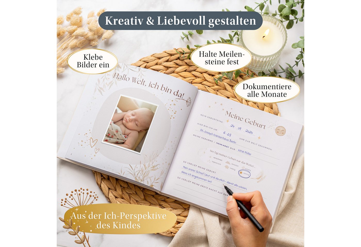 Eulentaler Tagebuch Babyalbum Mein erstes Jahr Scandi, Leinen mit Goldprägung, handgemalt, 92 Seiten, Stammbaum & Zahndiagramm, Geschenk zur Geburt