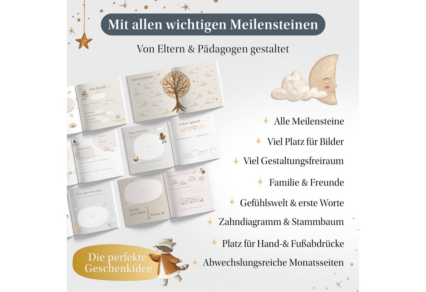 Eulentaler Tagebuch Babyalbum Mein erstes Jahr Scandi, Leinen mit Goldprägung, handgemalt, 92 Seiten, Stammbaum & Zahndiagramm, Geschenk zur Geburt Bild 2