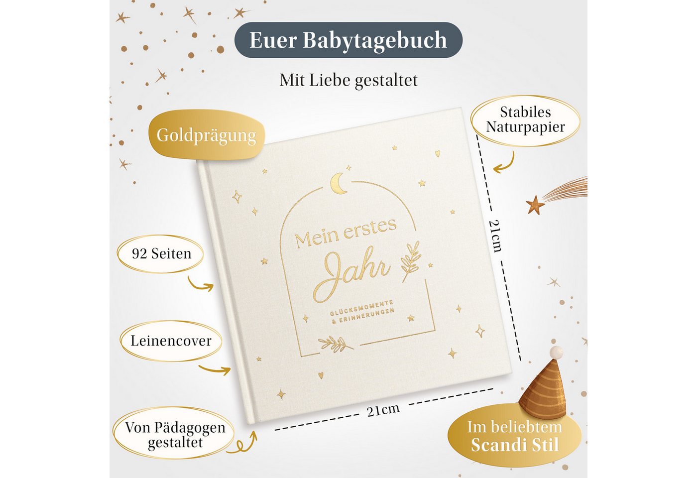 Eulentaler Tagebuch Babyalbum Mein erstes Jahr Scandi, Leinen mit Goldprägung, handgemalt, 92 Seiten, Stammbaum & Zahndiagramm, Geschenk zur Geburt Bild 3