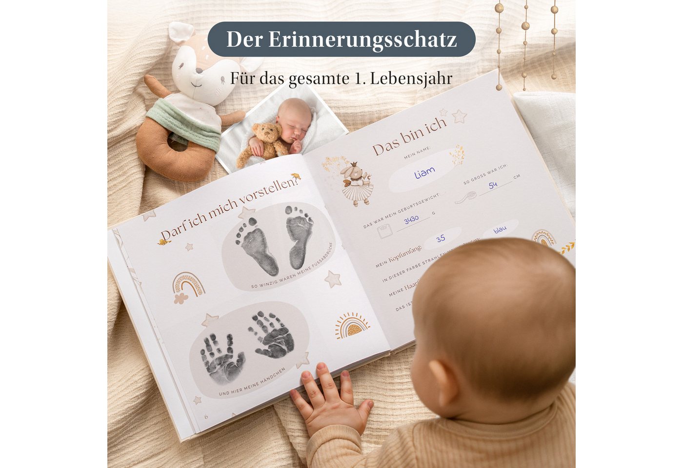 Eulentaler Tagebuch Babyalbum Mein erstes Jahr Scandi, Leinen mit Goldprägung, handgemalt, 92 Seiten, Stammbaum & Zahndiagramm, Geschenk zur Geburt Bild 4