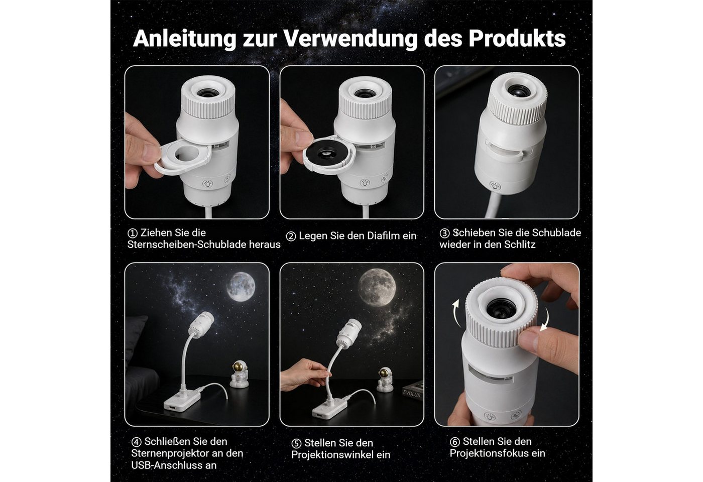 Detrida LED Nachtlicht Sternenhimmel Projektor USB Sternenprojektor mit 6 Projektionsfolien, Touch-Steuerung, LED fest integriert, Galaxy Starry Deckenprojektor für Schlafzimmer, Planetarium Projector, 2-in-1 Flexibel Dimmbar Nachtlicht, Geschenke für Erwachsene Kinder