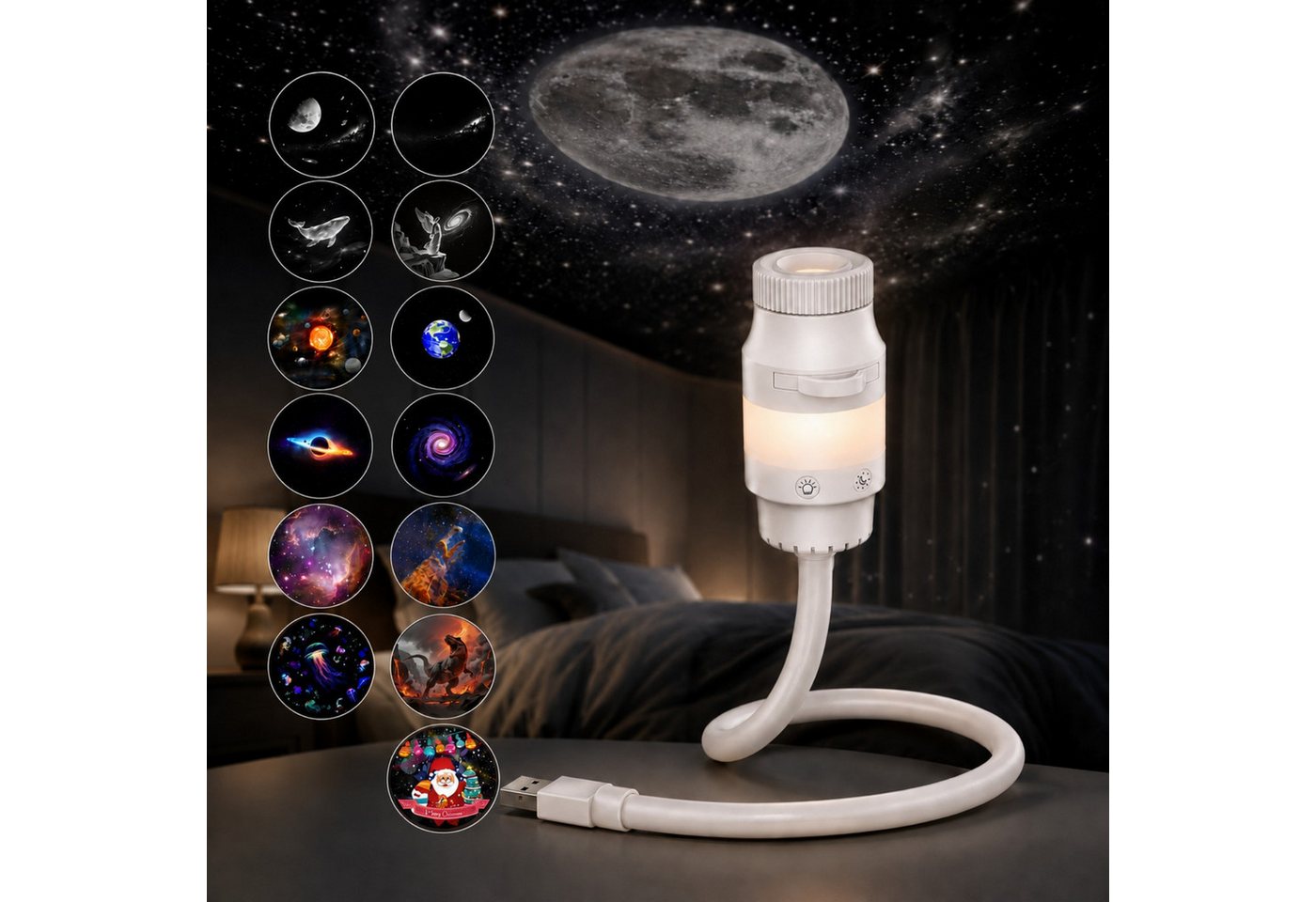Detrida LED Nachtlicht Sternenhimmel Projektor USB Sternenprojektor mit 6 Projektionsfolien, Touch-Steuerung, LED fest integriert, Galaxy Starry Deckenprojektor für Schlafzimmer, Planetarium Projector, 2-in-1 Flexibel Dimmbar Nachtlicht, Geschenke für Erwachsene Kinder Bild 2