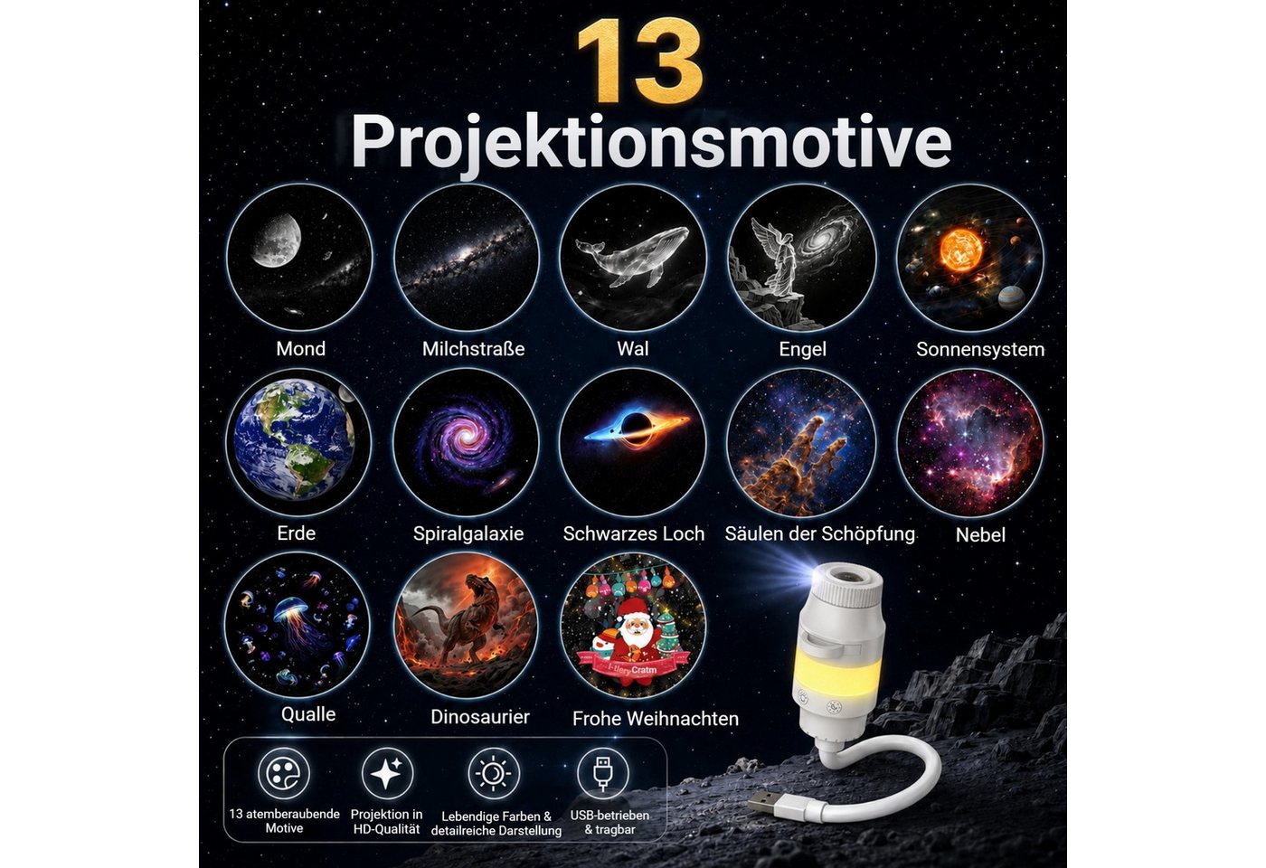 Detrida LED Nachtlicht Sternenhimmel Projektor USB Sternenprojektor mit 6 Projektionsfolien, Touch-Steuerung, LED fest integriert, Galaxy Starry Deckenprojektor für Schlafzimmer, Planetarium Projector, 2-in-1 Flexibel Dimmbar Nachtlicht, Geschenke für Erwachsene Kinder Bild 3