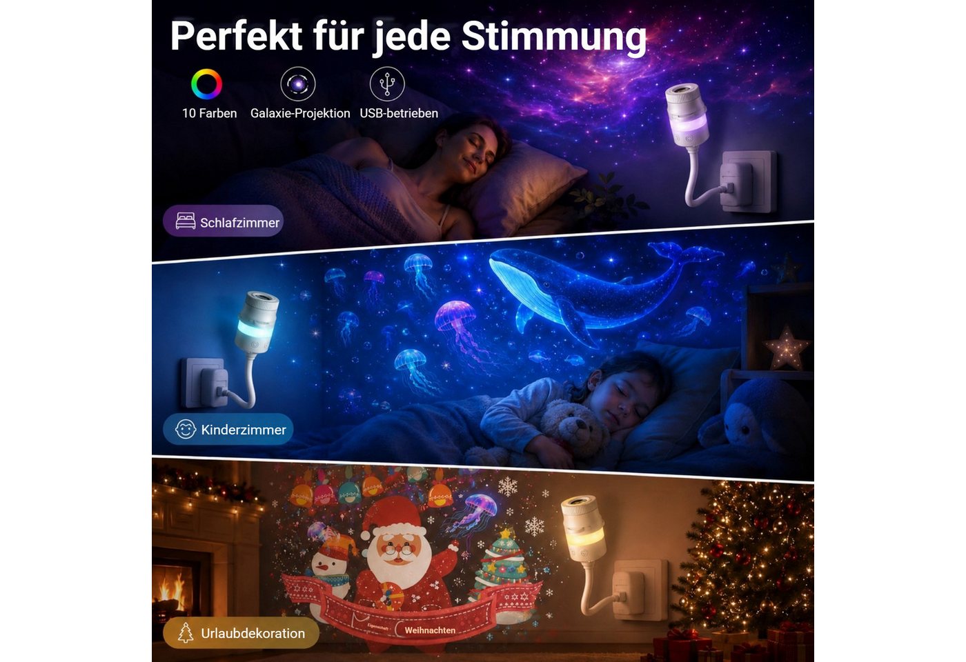 Detrida LED Nachtlicht Sternenhimmel Projektor USB Sternenprojektor mit 6 Projektionsfolien, Touch-Steuerung, LED fest integriert, Galaxy Starry Deckenprojektor für Schlafzimmer, Planetarium Projector, 2-in-1 Flexibel Dimmbar Nachtlicht, Geschenke für Erwachsene Kinder Bild 4