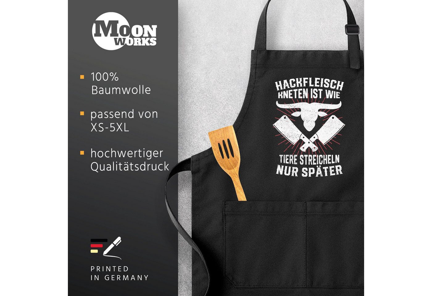 MoonWorks Grillschürze Herren-Grillschürze mit Spruch Lustig Hackfleich kneten ist wie Tiere, mit kreativem Aufdruck