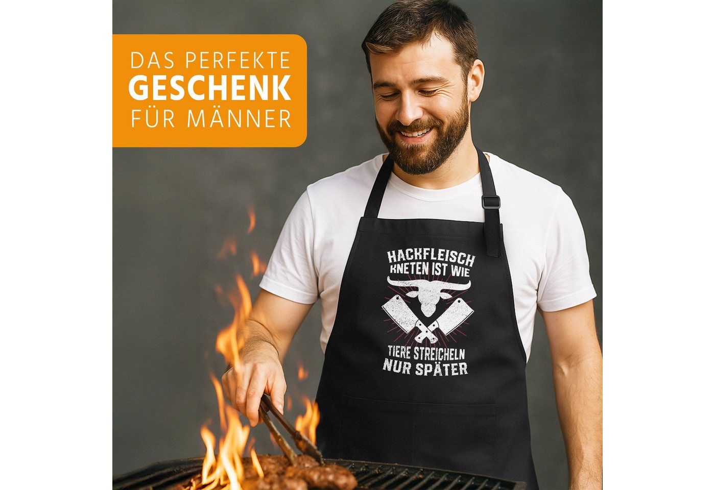 MoonWorks Grillschürze Herren-Grillschürze mit Spruch Lustig Hackfleich kneten ist wie Tiere, mit kreativem Aufdruck Bild 3
