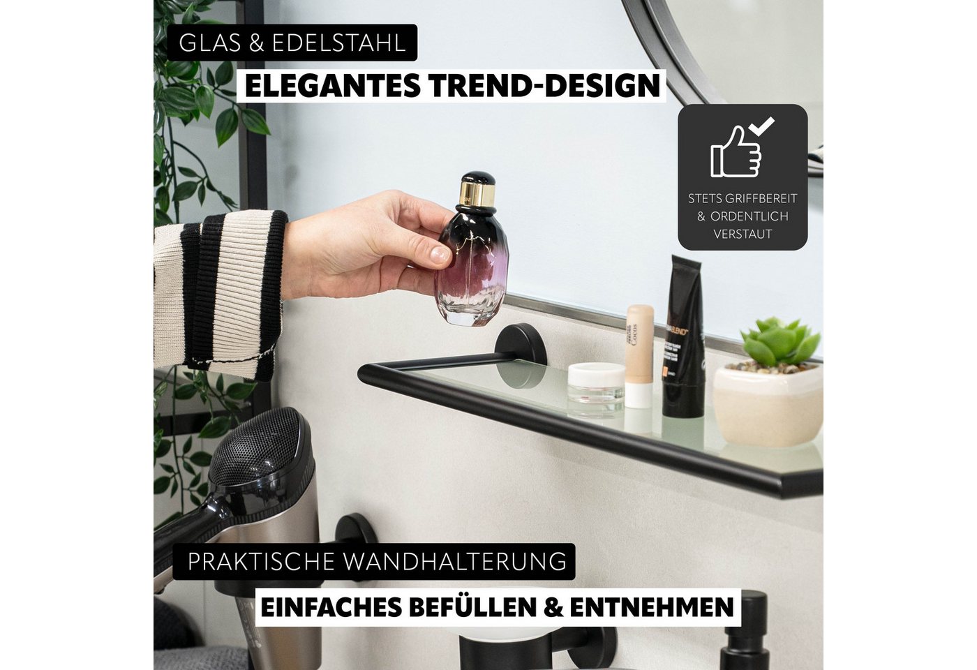 bremermann Ablageregal Bad-Serie PIAZZA BLACK - aus Glas und Edelstahl matt schwarz, 1-tlg.