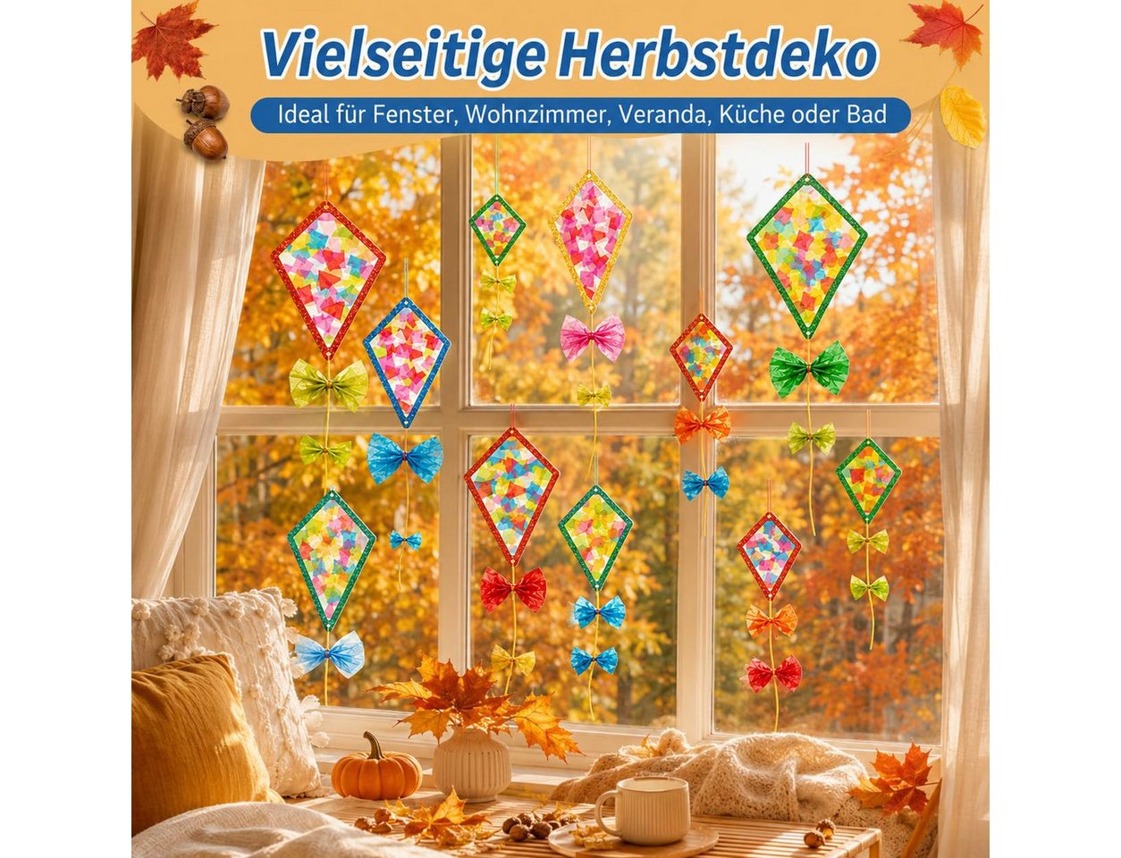 FOUORTUNATE-BEE Fensterdekoration Herbst-Fensterdeko Set, 24 Papierdrachen, Bastelset für Fensterdeko, Herbstdeko Fenster, Bastelset mit Transparentpapier und Anhängern