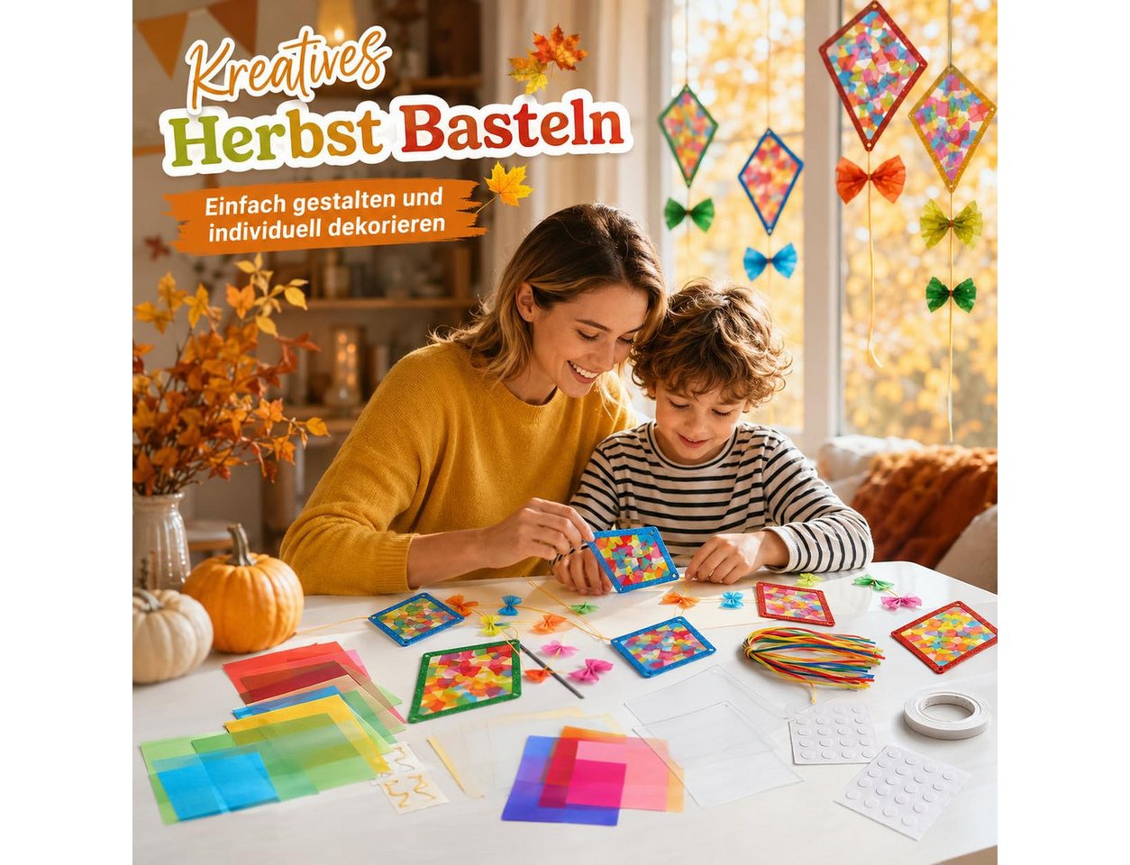 FOUORTUNATE-BEE Fensterdekoration Herbst-Fensterdeko Set, 24 Papierdrachen, Bastelset für Fensterdeko, Herbstdeko Fenster, Bastelset mit Transparentpapier und Anhängern Bild 3