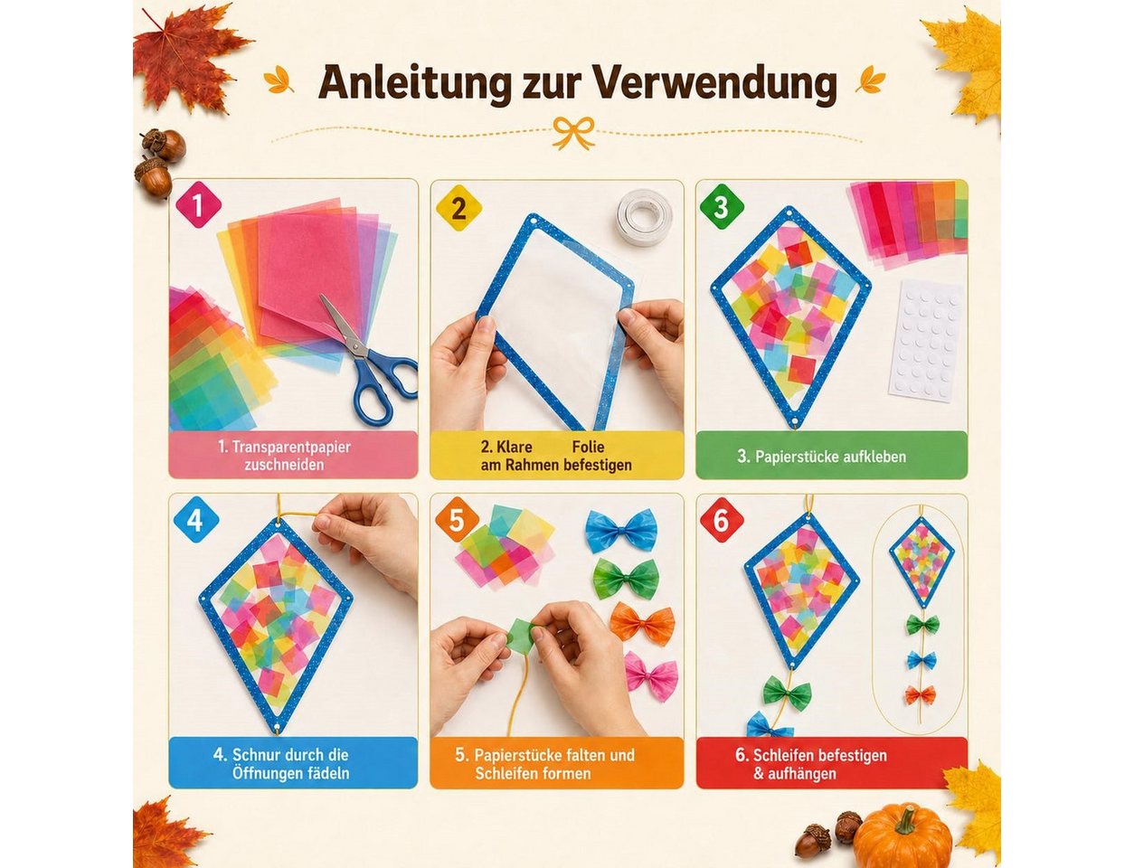 FOUORTUNATE-BEE Fensterdekoration Herbst-Fensterdeko Set, 24 Papierdrachen, Bastelset für Fensterdeko, Herbstdeko Fenster, Bastelset mit Transparentpapier und Anhängern Bild 5