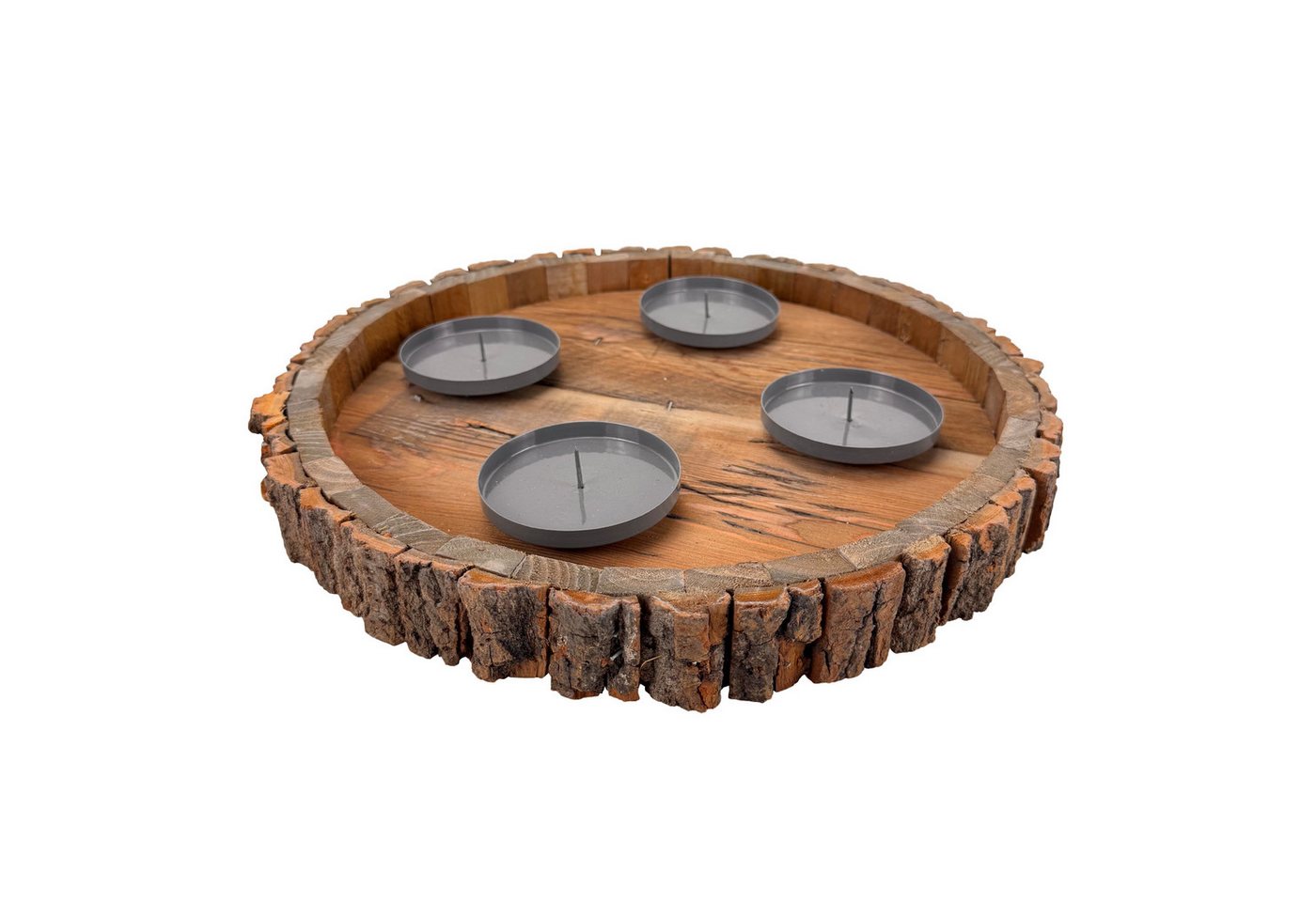 Online-Fuchs Adventskranz rund aus Holz mit Kerzenhalter aus Metall und Dorn für Stumpenkerzen, der Innenraum bietet viel Platz für kreative Gestaltungsideen