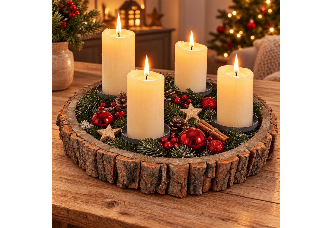 Online-Fuchs Adventskranz rund aus Holz mit Kerzenhalter aus Metall und Dorn für Stumpenkerzen, der Innenraum bietet viel Platz für kreative Gestaltungsideen Bild 2