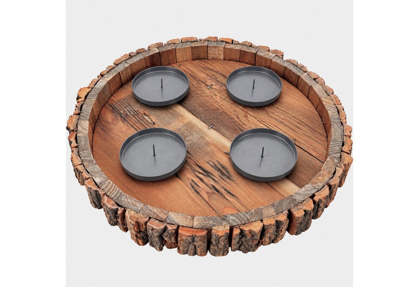 Online-Fuchs Adventskranz rund aus Holz mit Kerzenhalter aus Metall und Dorn für Stumpenkerzen, der Innenraum bietet viel Platz für kreative Gestaltungsideen Bild 3