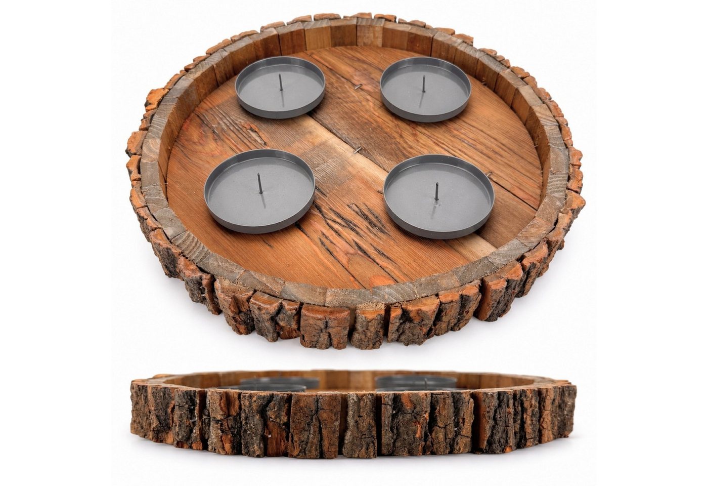 Online-Fuchs Adventskranz rund aus Holz mit Kerzenhalter aus Metall und Dorn für Stumpenkerzen, der Innenraum bietet viel Platz für kreative Gestaltungsideen Bild 5