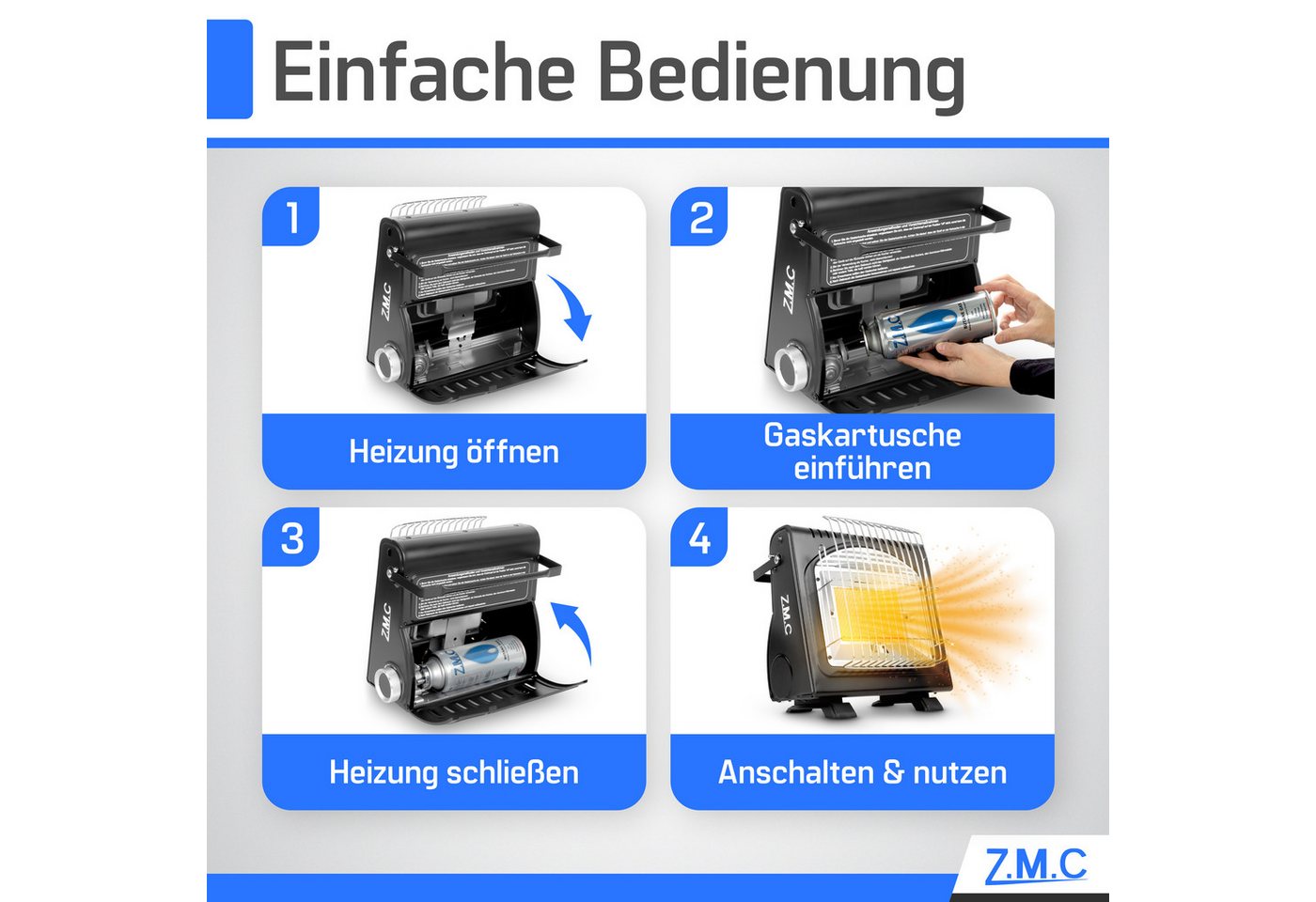 ZMC Heizstrahler 2in1 Gasheizung Gaskocher Camping Butangas + 16x Kartuschen MSF-1A, 1700 W, tragbare Campingheizung Zeltheizung Campingkocher Outdoor Notheizung