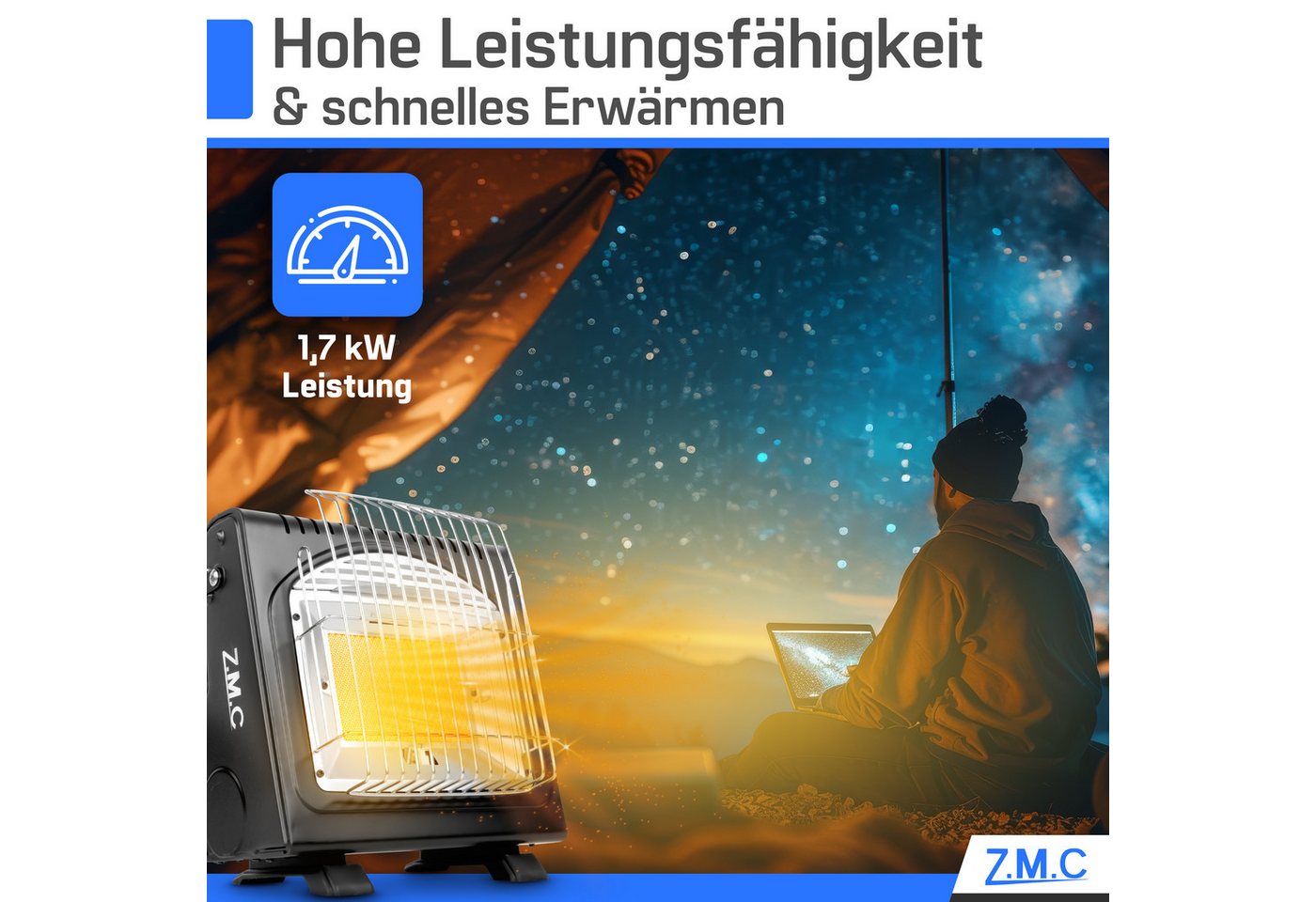 ZMC Heizstrahler 2in1 Gasheizung Gaskocher Camping Butangas + 16x Kartuschen MSF-1A, 1700 W, tragbare Campingheizung Zeltheizung Campingkocher Outdoor Notheizung Bild 2