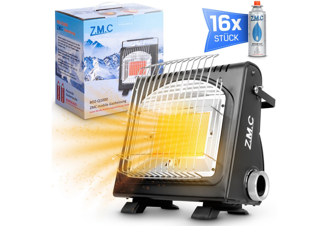 ZMC Heizstrahler 2in1 Gasheizung Gaskocher Camping Butangas + 16x Kartuschen MSF-1A, 1700 W, tragbare Campingheizung Zeltheizung Campingkocher Outdoor Notheizung Bild 3
