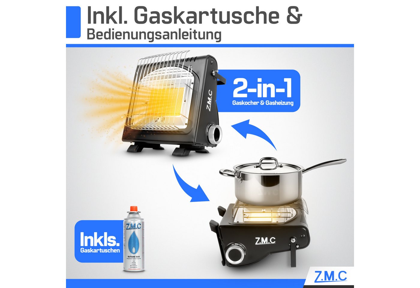 ZMC Heizstrahler 2in1 Gasheizung Gaskocher Camping Butangas + 16x Kartuschen MSF-1A, 1700 W, tragbare Campingheizung Zeltheizung Campingkocher Outdoor Notheizung Bild 5