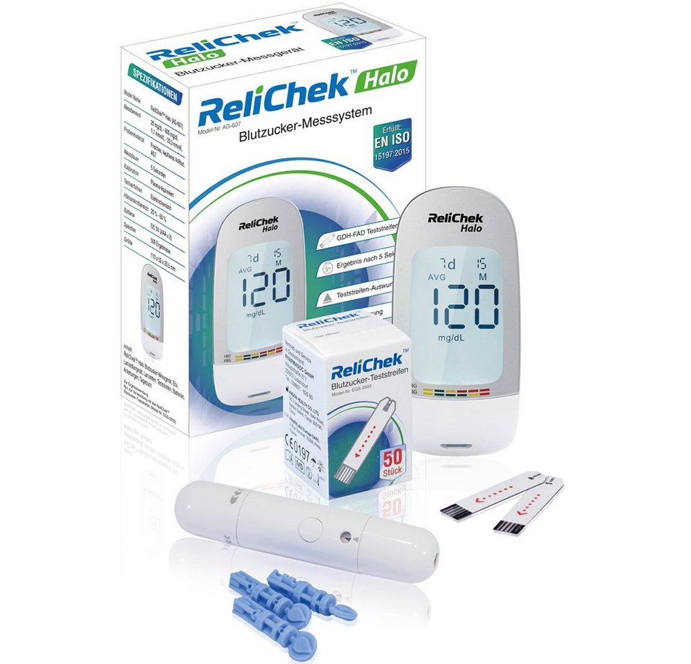 ReliChek Blutzuckermessgerät Halo, Starterset in MG und MMOL, Ink. 50 Tetsteifen, 10 Lanzetten und Lanzettiergerät, Blutzucker Messgerät