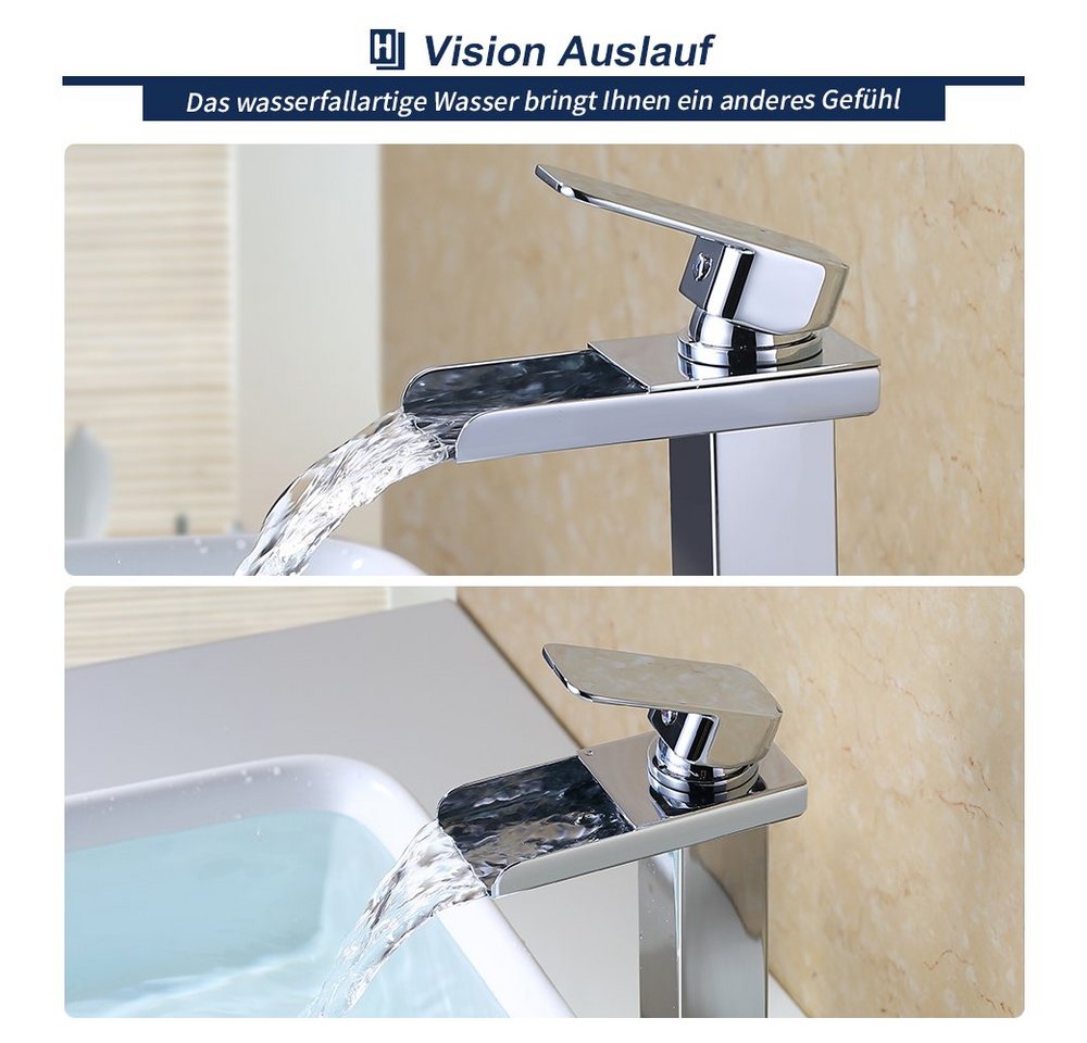 HOMELIVE Badarmatur Wasserfall Hoch Wasserhahn Bad Wascbecken Armatur Mischbatterie Bad Waschtischarmatur Waschbeckenarmatur Armatur, chrom Bild 3