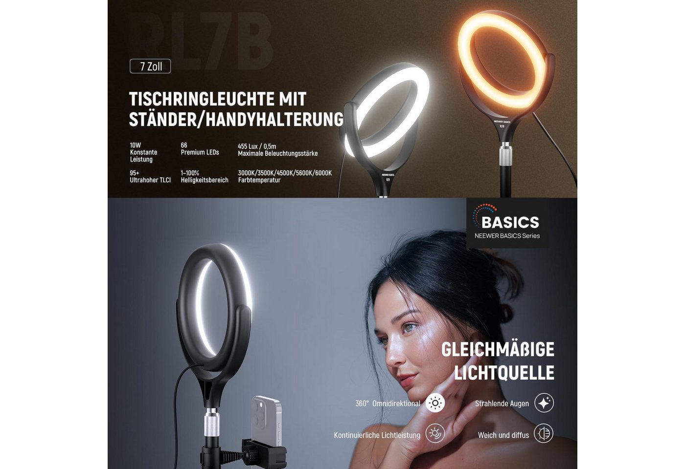 Neewer Ringlicht RL7B 7" Tisch Ringlicht mit Ständer/Handyhalterung, 10W zweifarbiges, LED Selfie Licht für iPhone Laptop Webcam Videokonferenzen Make up