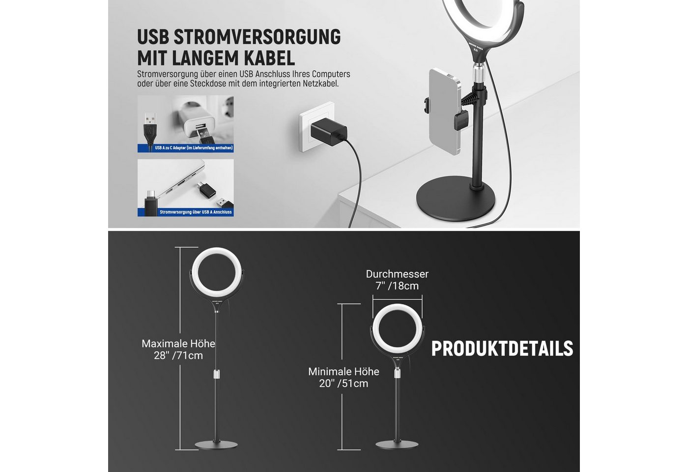 Neewer Ringlicht RL7B 7" Tisch Ringlicht mit Ständer/Handyhalterung, 10W zweifarbiges, LED Selfie Licht für iPhone Laptop Webcam Videokonferenzen Make up Bild 3