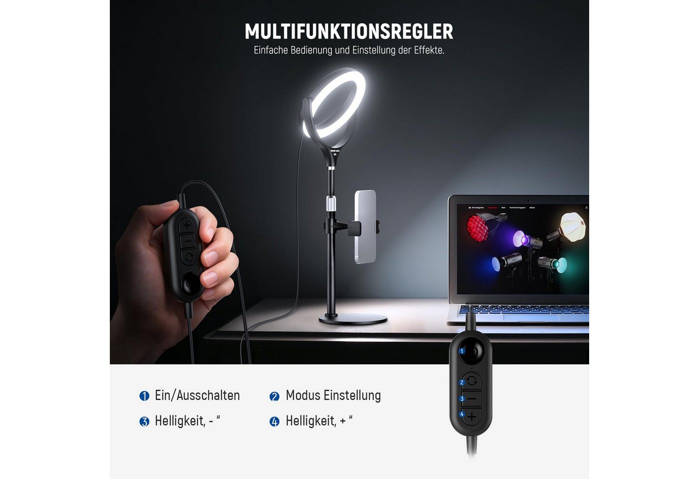Neewer Ringlicht RL7B 7" Tisch Ringlicht mit Ständer/Handyhalterung, 10W zweifarbiges, LED Selfie Licht für iPhone Laptop Webcam Videokonferenzen Make up Bild 4