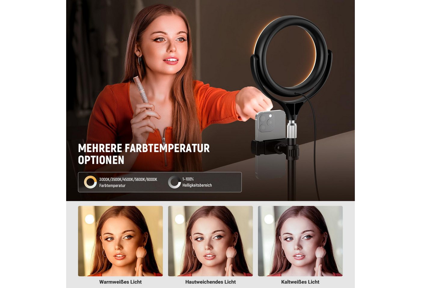 Neewer Ringlicht RL7B 7" Tisch Ringlicht mit Ständer/Handyhalterung, 10W zweifarbiges, LED Selfie Licht für iPhone Laptop Webcam Videokonferenzen Make up Bild 5