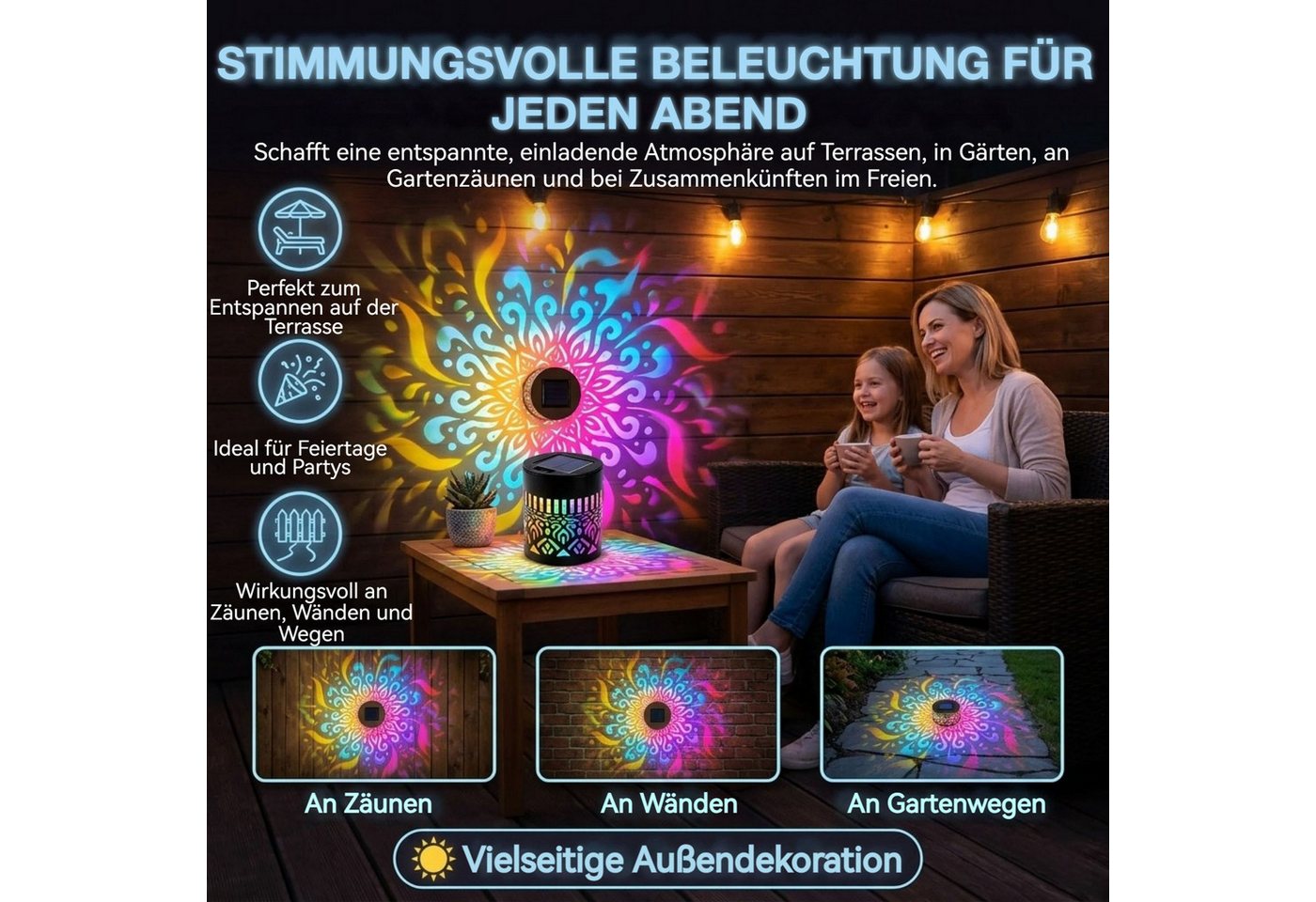 Detrida LED Solarleuchte 1/2/4 Stück Solarlaterne Mandala Wandleuchte, Solarlampen für Außen, LED fest integriert, 7 Farben RGB Wandlamp, Decorative Solar Mandala Lights Gartendeko, LED Gartenleuchte, Solarlaterne für Hof Rasen Wege Terrasse Yard Dekor Bild 3