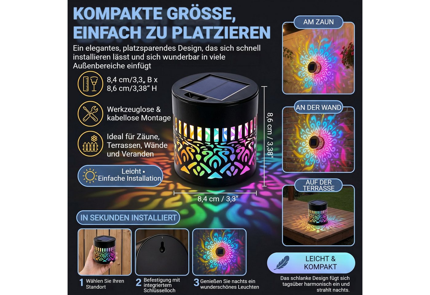 Detrida LED Solarleuchte 1/2/4 Stück Solarlaterne Mandala Wandleuchte, Solarlampen für Außen, LED fest integriert, 7 Farben RGB Wandlamp, Decorative Solar Mandala Lights Gartendeko, LED Gartenleuchte, Solarlaterne für Hof Rasen Wege Terrasse Yard Dekor Bild 5