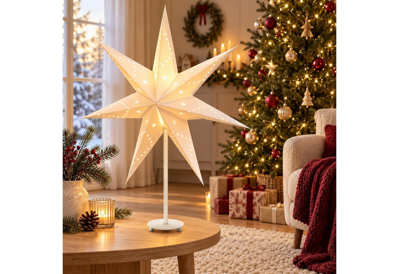 Salcar LED Stern LED Dekolicht Weihnachtsstern Papierstern-Lichterkette Beleuchtete, 35cm Schreibtischlampe, Dekoration Sterne Warmweiß 35cm Bild 3