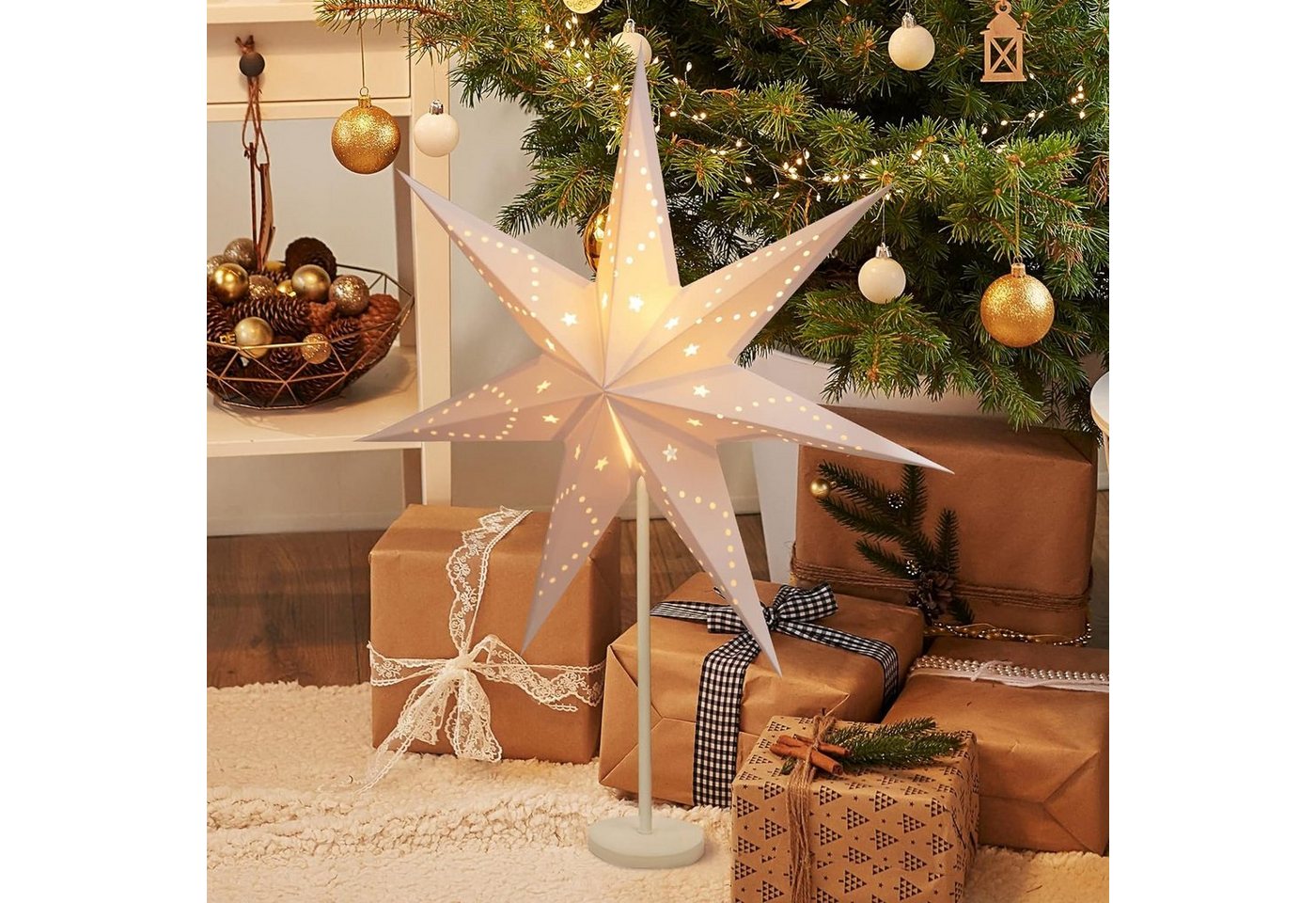 Salcar LED Stern LED Dekolicht Weihnachtsstern Papierstern-Lichterkette Beleuchtete, 35cm Schreibtischlampe, Dekoration Sterne Warmweiß 35cm Bild 5