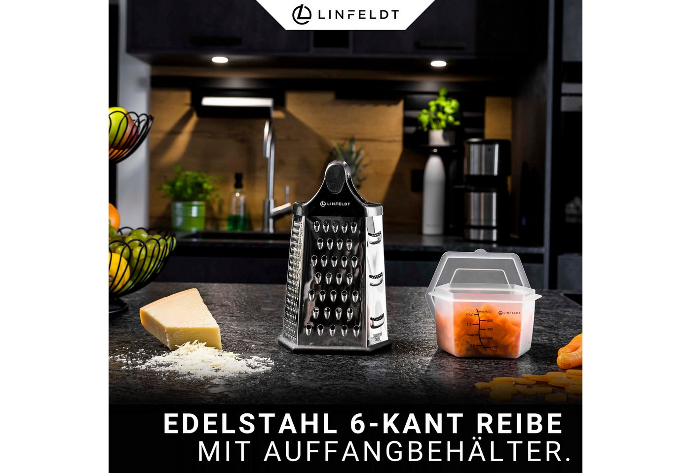 LINFELDT Vierkantreibe 6 - Kant Reibe mit smartem Auffangbehälter Edelstahl, Edelstahl