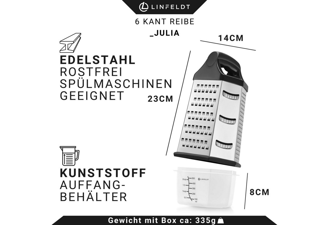 LINFELDT Vierkantreibe 6 - Kant Reibe mit smartem Auffangbehälter Edelstahl, Edelstahl Bild 4