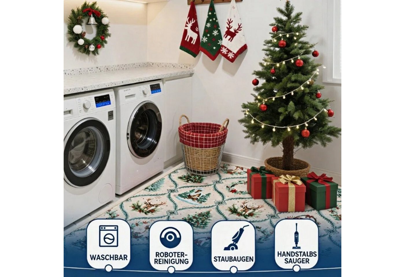 GarveeMore Teppich Weihnachtsteppich mit Schneemann &Tannenbaum– Festlicher Dekoteppich, rechteckig, Höhe: 5 mm Bild 5