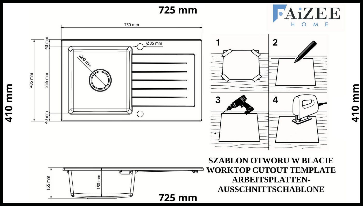 Faizee Home Küchenspüle Faizee Home Granitspüle 75x44 cm Nachtschwarz mit Aqua Twist Bild 3