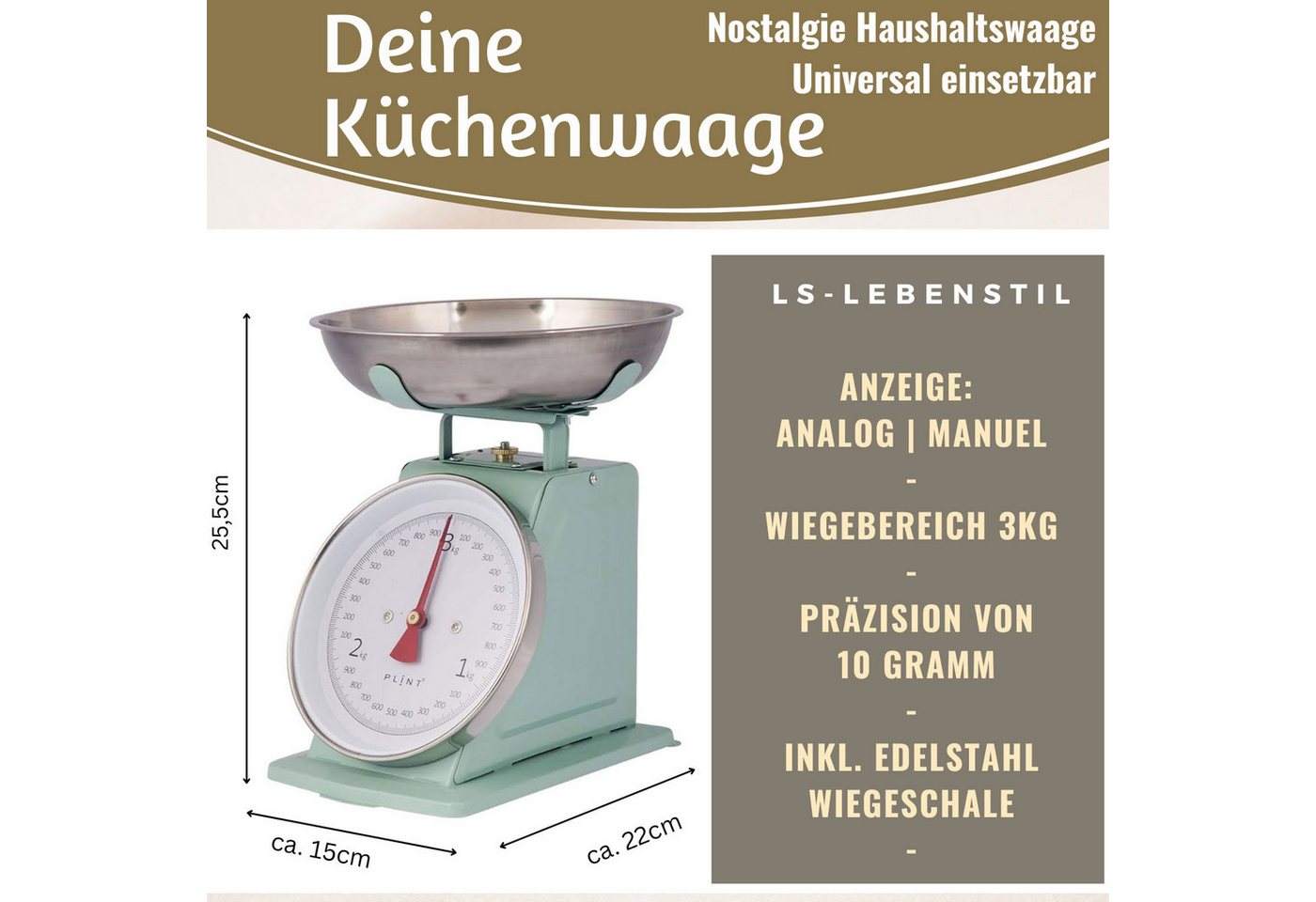 LS-LebenStil Küchenwaage Vintage Backwaage Retro Grün Manuelle Waage mit großem Ziffernblatt, (Manuelle Analoge Backwaage großes Ziffernblatt, 2-tlg., mit 1L Edelstahl Schüssel ohne Batterie / Strom Küche Waage), 3kg Skala mit großer Rührschüssel Bild 3