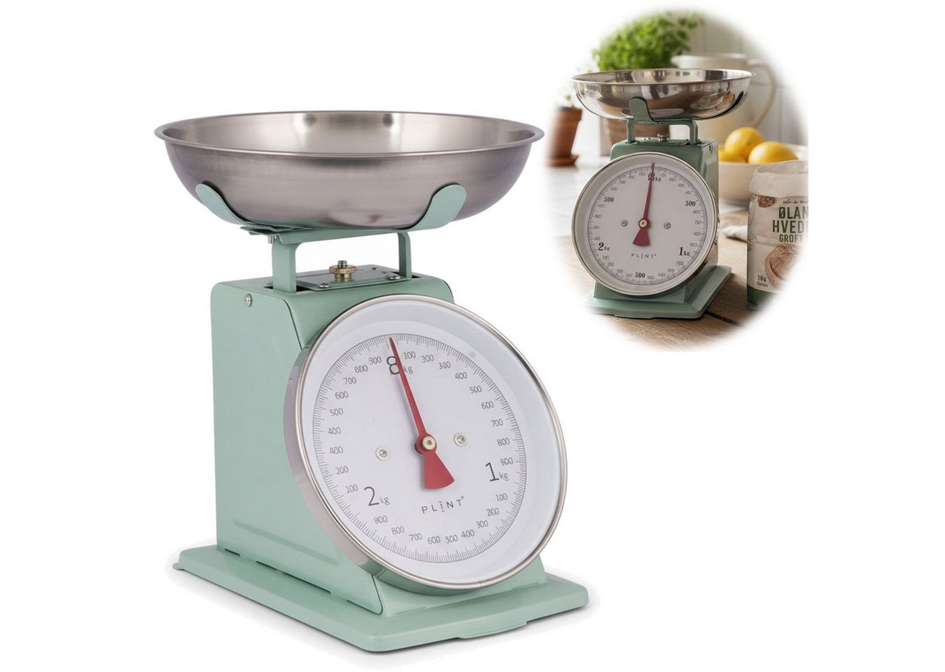 LS-LebenStil Küchenwaage Vintage Backwaage Retro Grün Manuelle Waage mit großem Ziffernblatt, (Manuelle Analoge Backwaage großes Ziffernblatt, 2-tlg., mit 1L Edelstahl Schüssel ohne Batterie / Strom Küche Waage), 3kg Skala mit großer Rührschüssel Bild 4